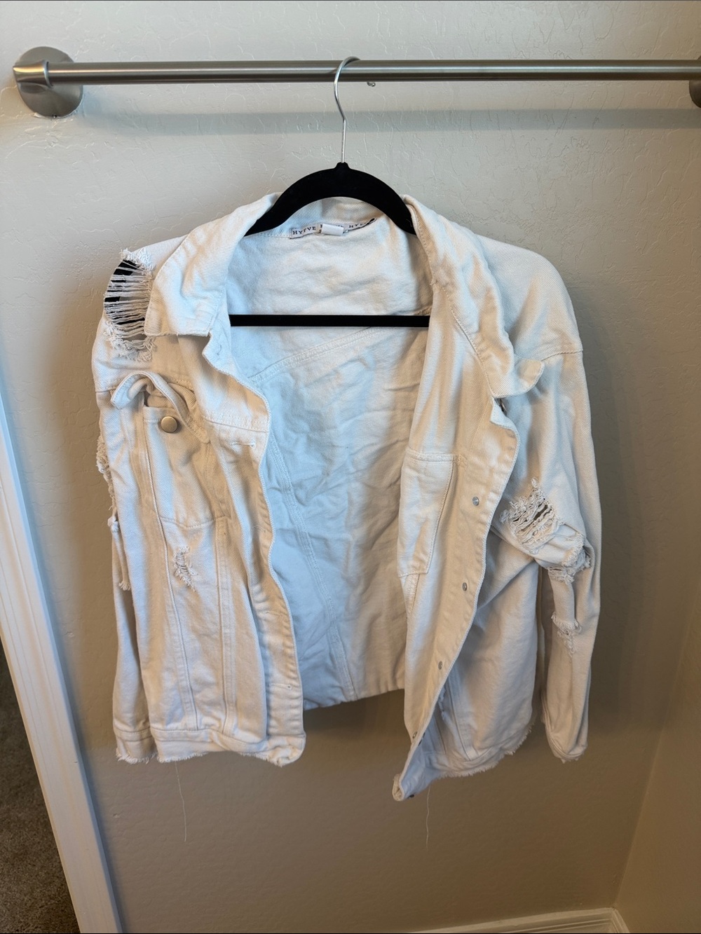 White Distressed Denim Jacket - Casual Ripped Jean Jacket